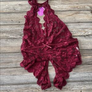 Avidlove lace lingerie NEW Burgundy wine Halter Bodysuit open gusset back sexy